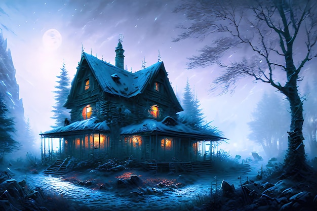 Fantasy house in winter forest old stone shack