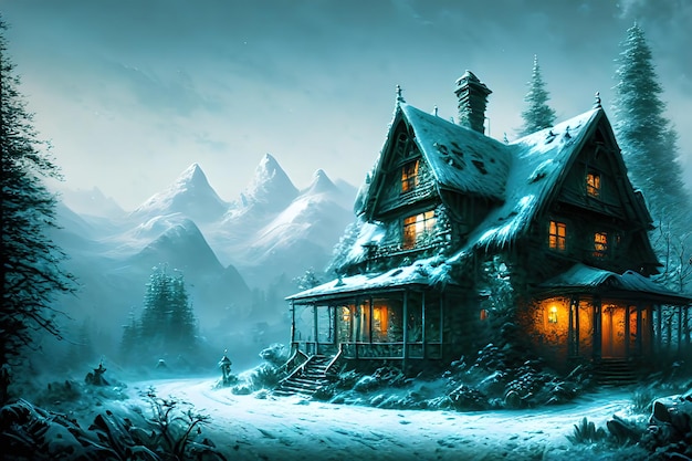 Fantasy house in winter forest old stone shack