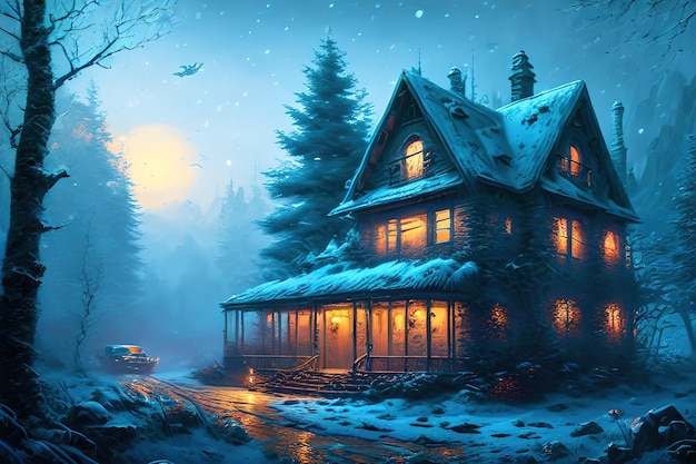 Fantasy house in winter forest old stone shack