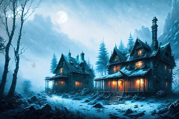 Fantasy house in winter forest old stone shack