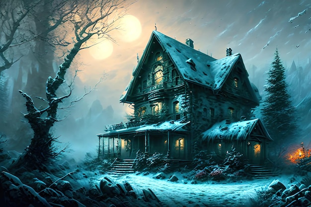 Fantasy house in winter forest old stone shack