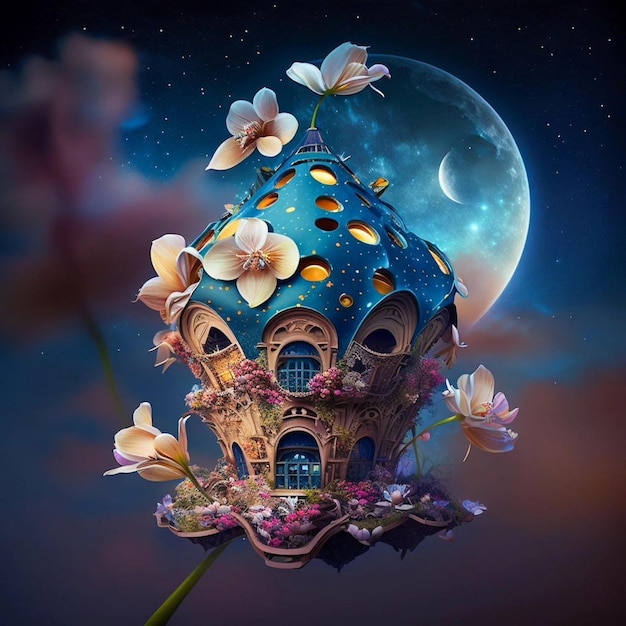 A fantasy house with a blue roof and flowers on the top.