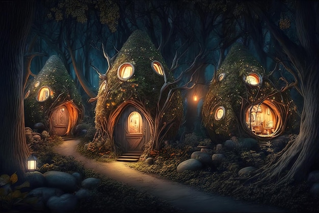 Fantasy houses in magic forest at night fairy tale habitation in trees generative AI