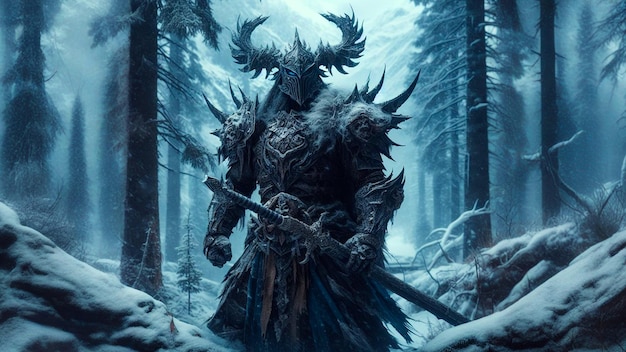 Fantasy Ice Warrior in Snowy Forest Epic Armor Mystical Helmet