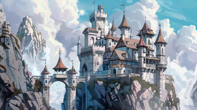 A fantasy illustration of a castle perched on a cliffside with a bridge leading to it