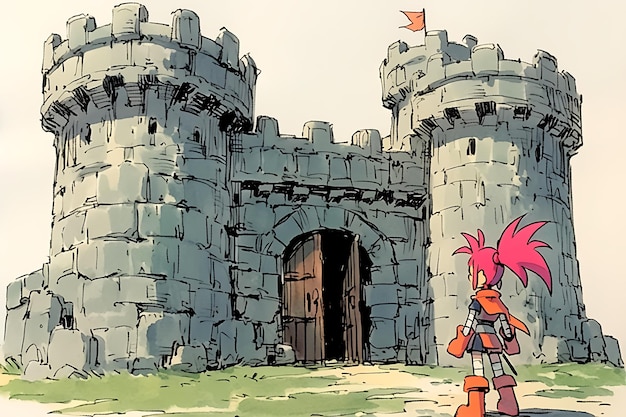 Fantasy Illustration of a Character Standing in Front of a Stone Castle with a Gate