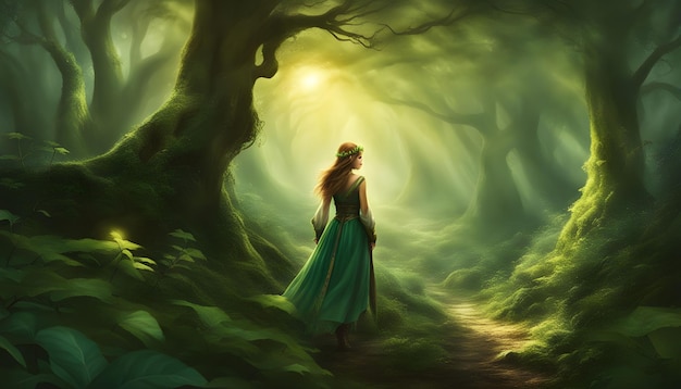 A fantasy illustration of an elf in a magical forest