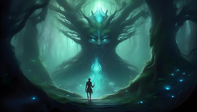 A fantasy illustration of an elf in a magical forest