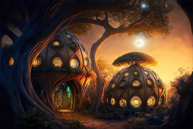 A fantasy illustration of houses in the forest.