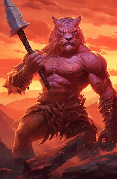 A fantasy illustration of a lion with a large axe in his hand.