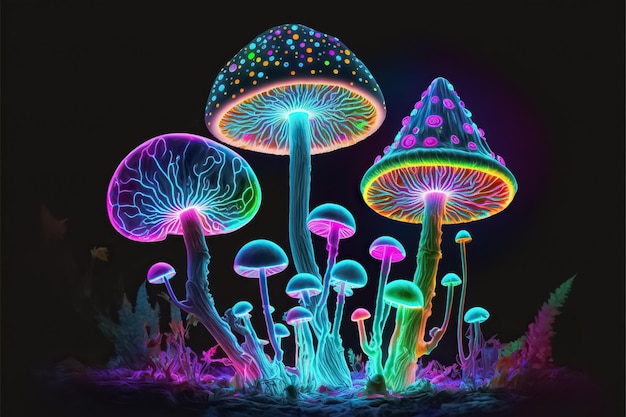 Fantasy illustration of neon color glowing magic mushrooms Psychedelic background Generative AI