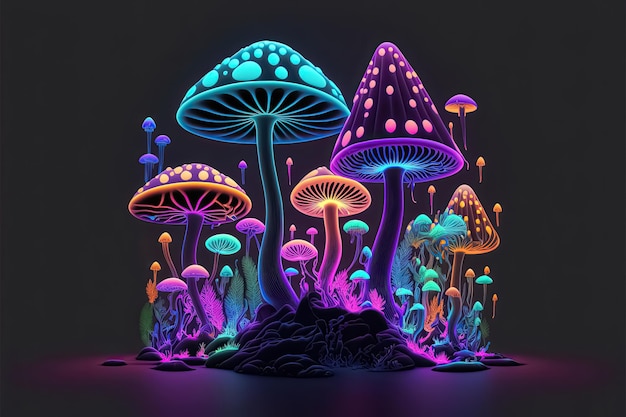 Fantasy illustration of neon color glowing magic mushrooms Psychedelic background Generative AI