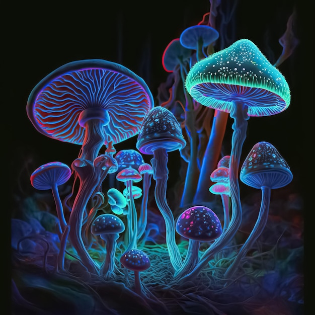 Fantasy illustration of neon color glowing magic mushrooms Psychedelic background Generative AI