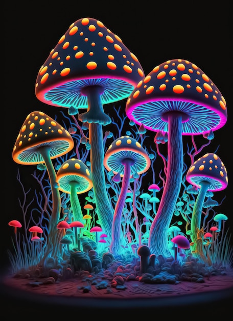 Fantasy illustration of neon color glowing magic mushrooms Psychedelic background Generative AI