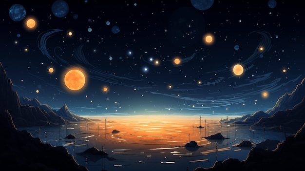 Fantasy illustration of space landscape with multiple planets stars and mountains