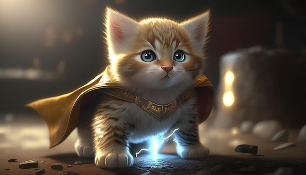 Fantasy image of super hero cute little kitten image generative AI