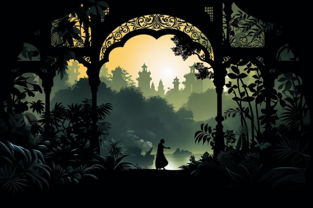 A fantasy Indian garden scene through Mughal arches in the style of a Lotte Reiniger silhouette