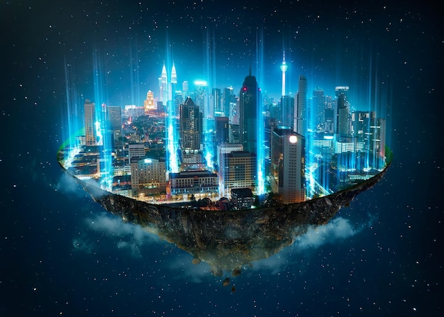 Fantasy island floating in the air with network light came out from the ground Smart city and wireless network connection concept