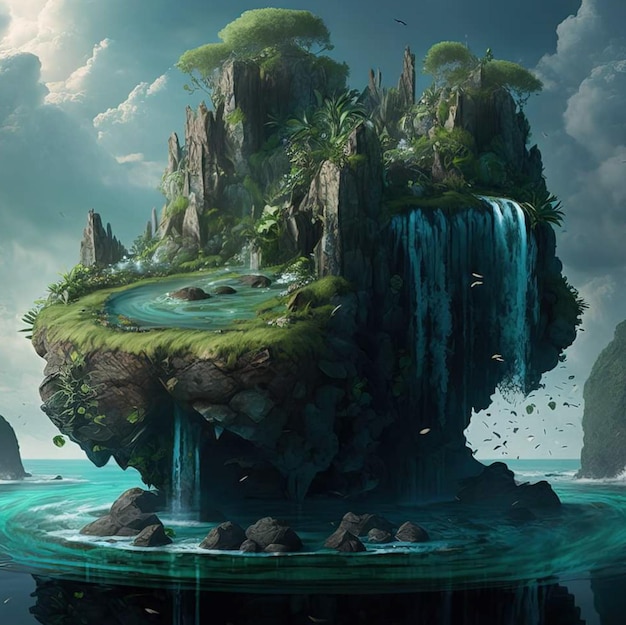 A fantasy island with a waterfall and a waterfall