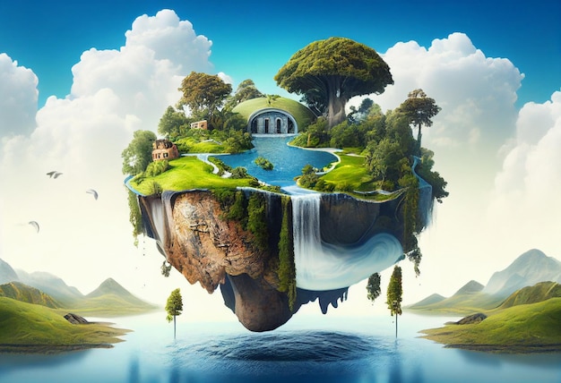 Fantasy island with waterfalls 3d illustration Elements of this image furnished by NASA ai