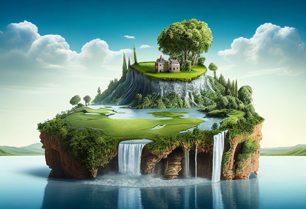 Fantasy island with waterfalls 3d illustration Elements of this image furnished by NASA ai