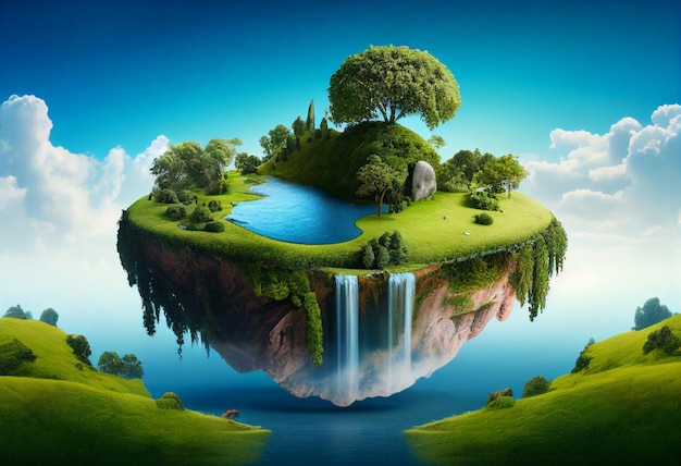 Fantasy island with waterfalls 3d illustration Elements of this image furnished by NASA ai