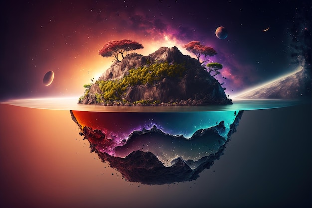 Fantasy Island of the World with Colorful Nature Galaxy