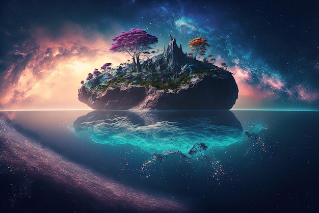 Fantasy Island of the World with Colorful Nature Galaxy