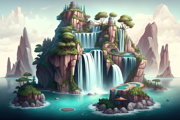 Fantasy Island of the World with Waterfalls