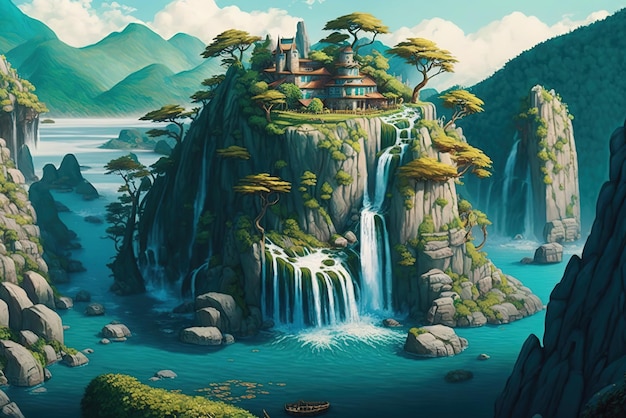 Fantasy Island of the World with Waterfalls