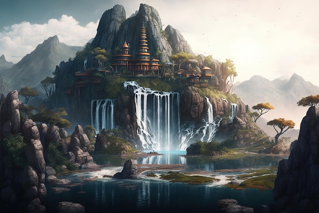 Fantasy Island of the World with Waterfalls