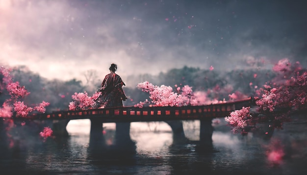 Fantasy Japanese landscape with sunset Ghost geisha silhouette foggy old bridge water reflection cherry blossom samurai Beautiful Japanese fantasy background 3D illustration