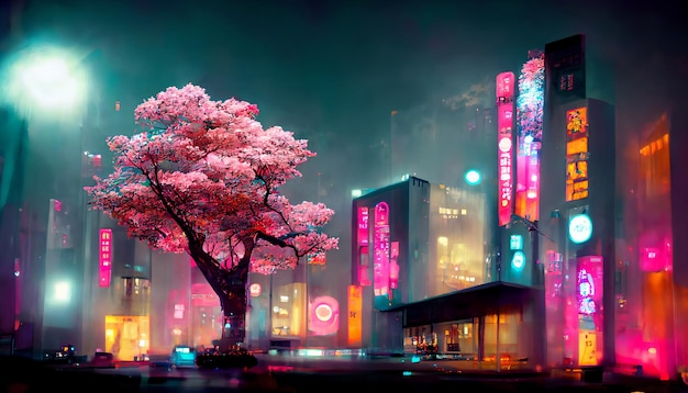 Fantasy Japanese night view city citycape neon pink light residential buildings big sakura tree Night urban anime fantasy background