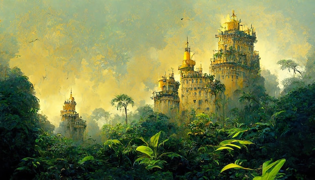 Fantasy Jungle castle concept art illustration