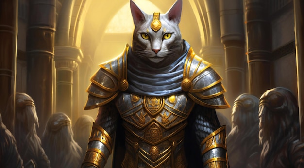 A fantasy knight with a cat in the background