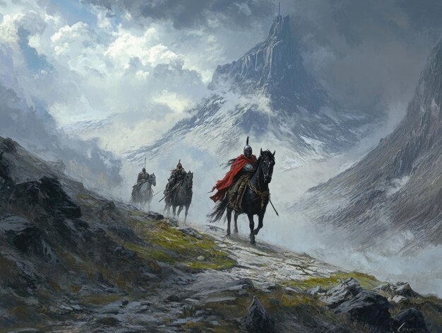 Photo fantasy knights on horseback traversing snowy mountains with epic dramatic sky