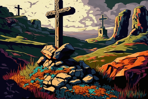 fantasy landscape and an cross in the terrain Good Friday