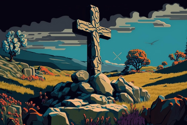 fantasy landscape and an cross in the terrain Good Friday