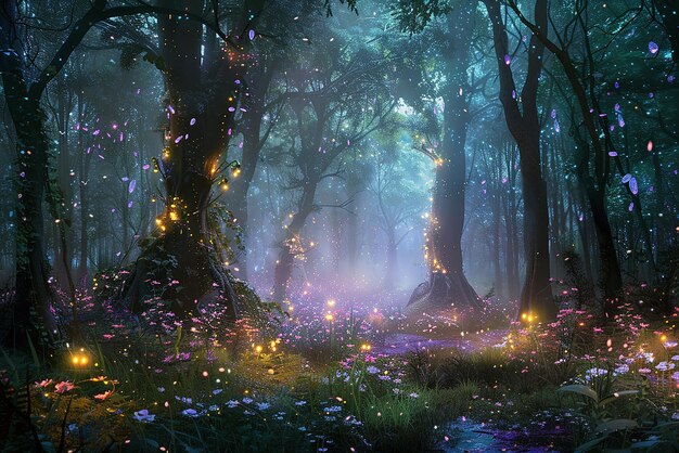 Photo fantasy landscape desktop wallpaper with enchanted forest and magic