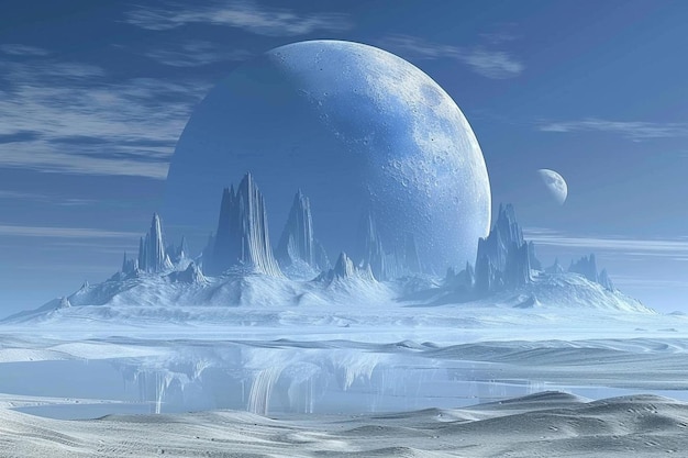 Photo fantasy landscape of distant planet with mountain and big blue moon behind