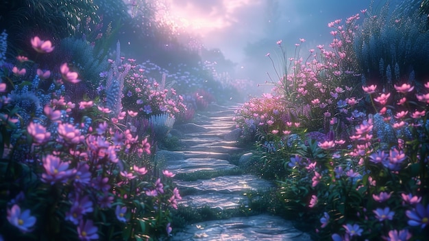 Photo fantasy landscape an ethereal garden under twilight radiating tranquility