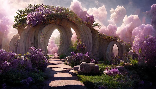 Fantasy landscape of a fairy garden with a stone arch and lilacs. 3d rendering. Raster illustration.