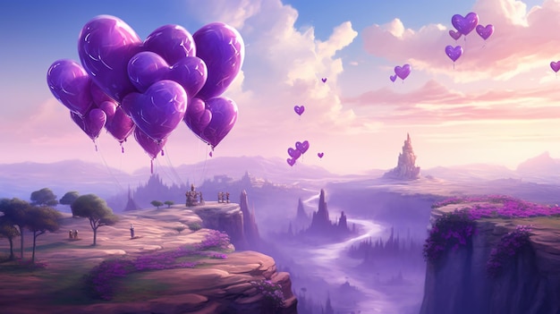 fantasy landscape and floating violet colored heart vector illustration