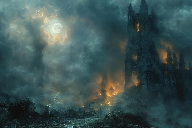 Fantasy landscape of a haunted castle with the moon in the background