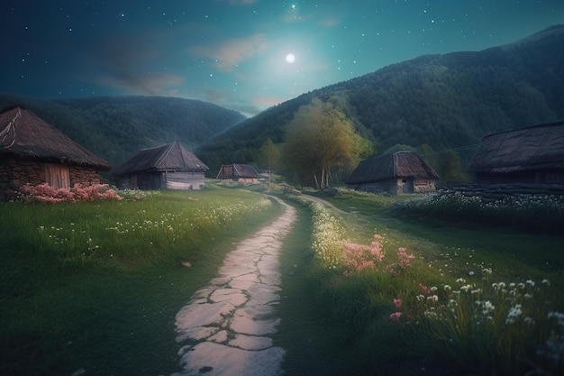 Fantasy landscape of a village in the mountains at night with moon and stars Generative AI