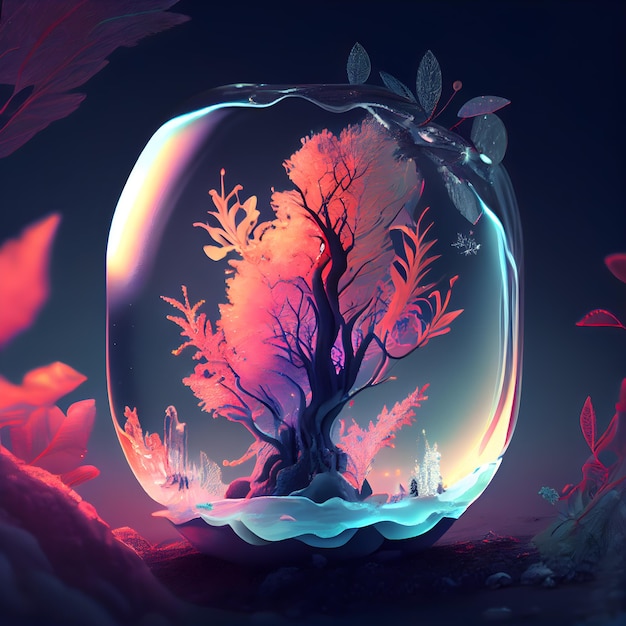 Fantasy landscape with a beautiful forest in a glass vase 3D rendering