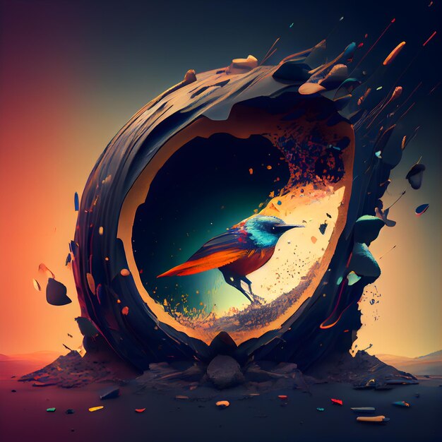 Fantasy landscape with a bird in the hole 3D rendering