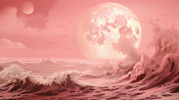 Photo a fantasy landscape with a bright moon a calm sea and a starry sky a dreamy and otherworldly atmosphere