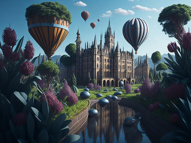 Fantasy landscape with castle and hot air balloons 3d rendering Digital art for wall decor