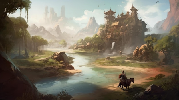 A fantasy landscape with a castle and a man riding a horse.